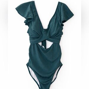 CHARMO L Teal Ribbed One Piece Swimsuit Cutout Twist Front UPF 50+ NWT